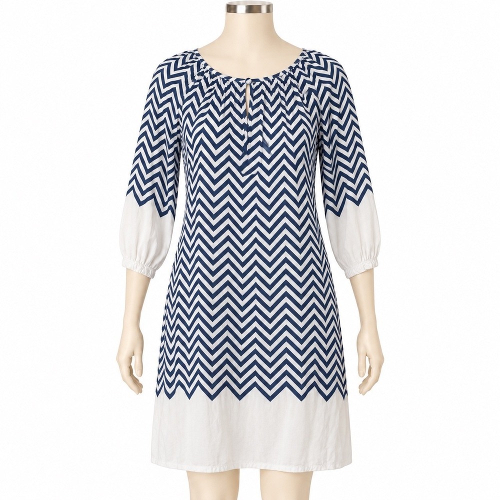 Venus Navy Blue White Chevron Zig Zag Shift Dress Long Sleeve Sz 10 - Picture 1 of 9